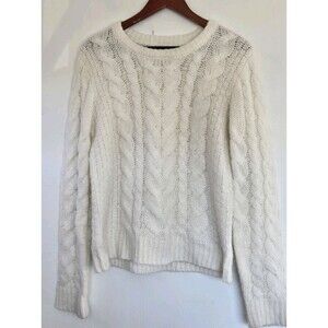 Mi Ami Sweater Womens M White Crewneck Cableknit Winter Fisherman Basic Coastal